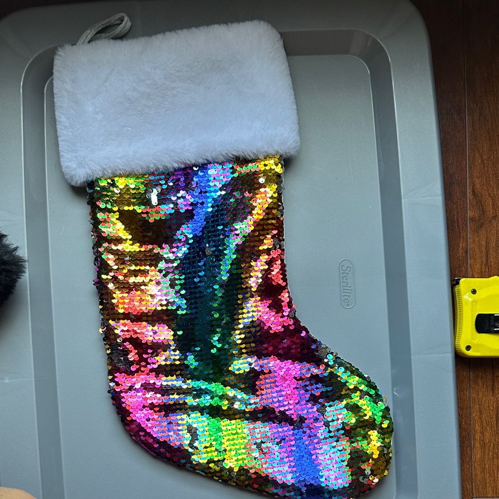 Sequin Christmas Stocking with White Fur Trim
